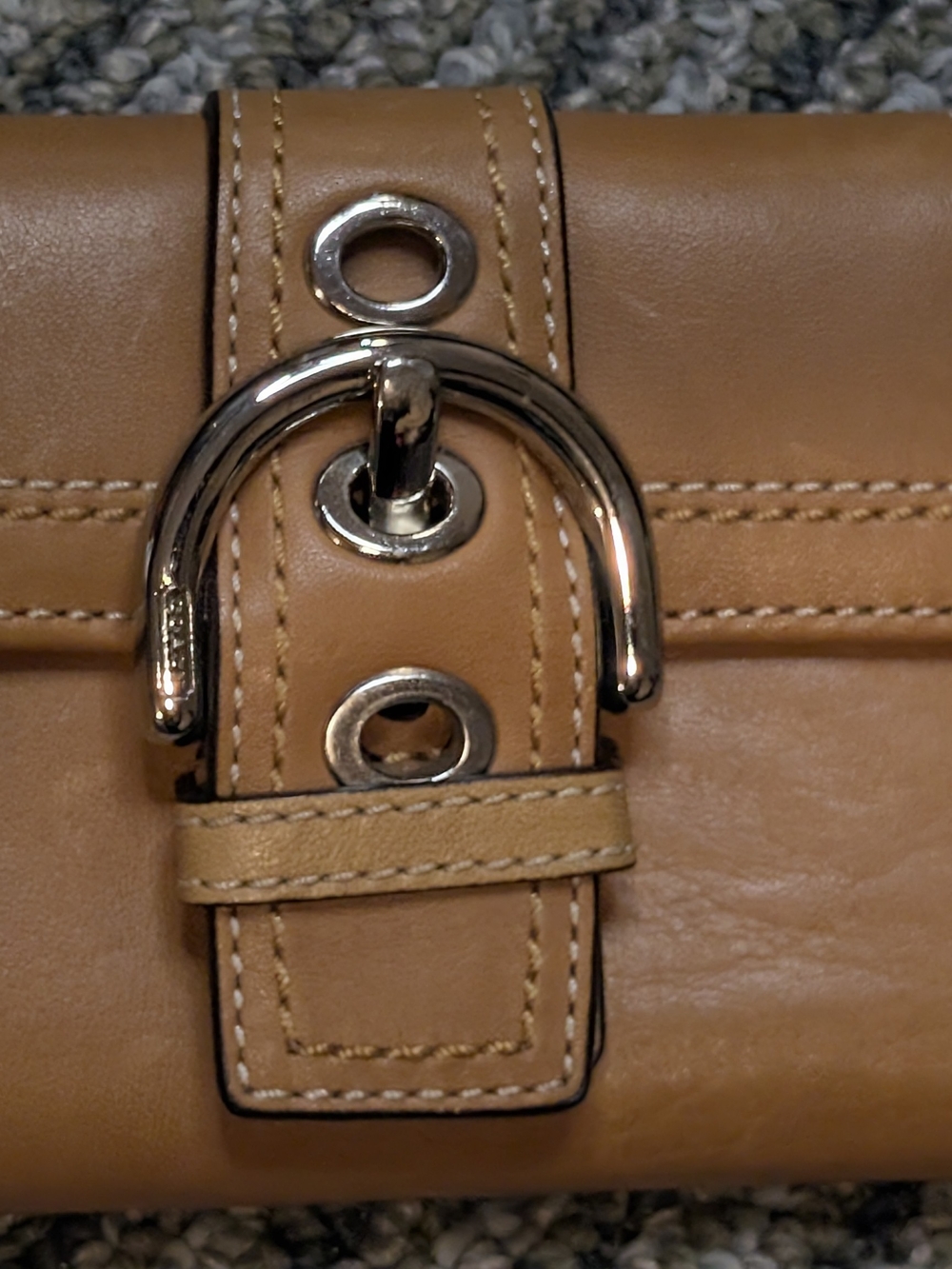 Coach Tan Leather Buckle Wristlet Clutch with Silver Hardware